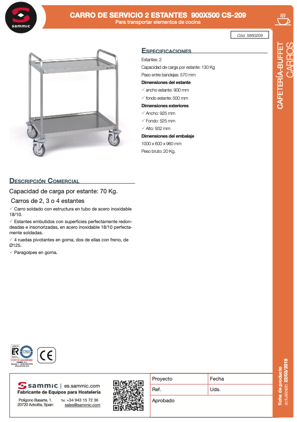 Imagen de Carro de Servicio Acero inoxidable Sammic CS-209
