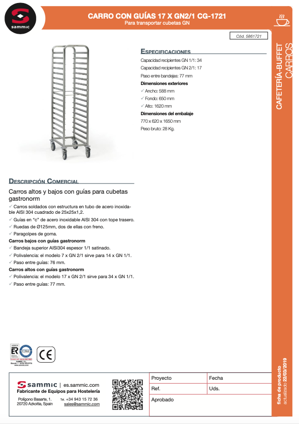 Imagen de Carro con guias Gastronorm Acero inoxidable Sammic CG-1721