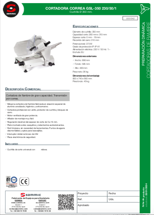 Imagen de Cortadora de fiambre transmisión por correa Sammic GSL-350